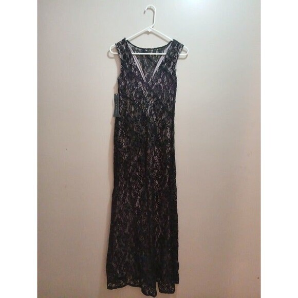 Aidan Mattox Straight Illusion V Neck Floral Lace Evening Gown - Picture 6 of 9